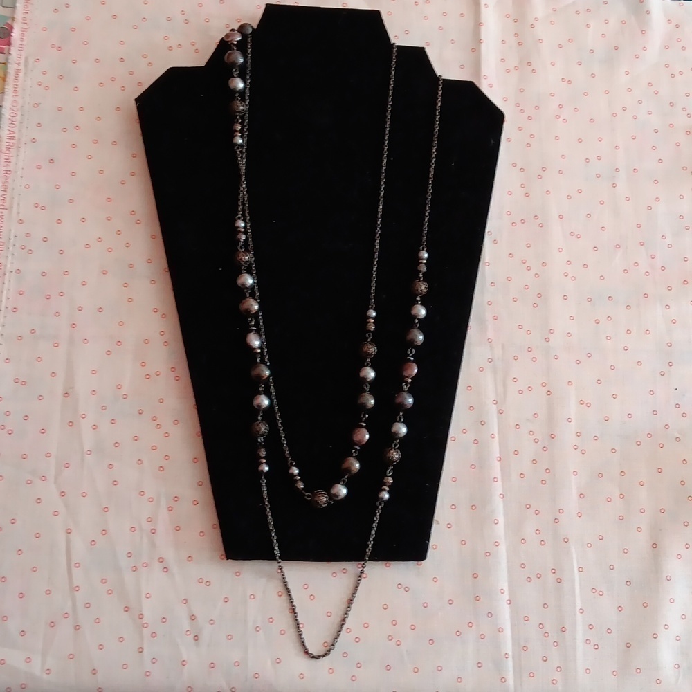Black Chain Gray Beaded Extra Long Necklace